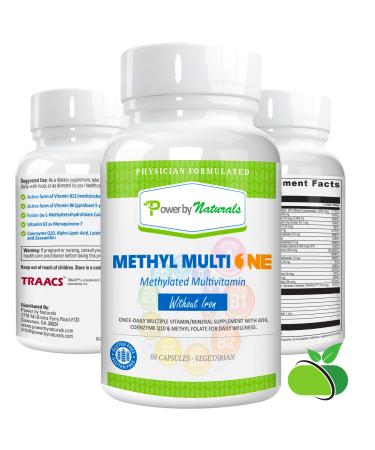 Power By Naturals Methyl Multi One - 60Ct Methylated Multivitamin Without Iron for Adults One-a-Day CO Q10 Active B12 Methylfolate 25+ Nutrients MTHFR Supplement - Made in USA