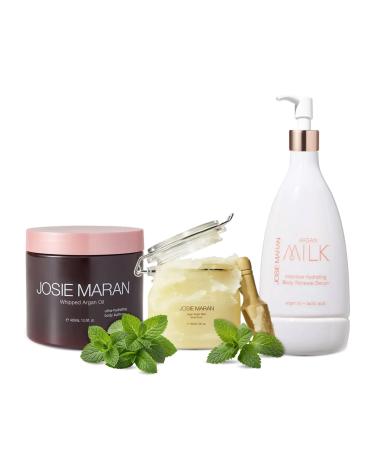 Josie Maran Let s Do the Peppermint Twist Body Skin Care Set - Includes Argan Oil Whipped Body Butter Sugar Body Scrub & Argan Milk Intensive Hydrating Body Renewal Serum (3 Pieces)
