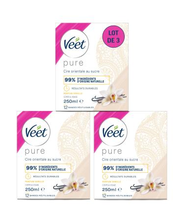Veet PURE - Cire Chaude au Sucre et Vanille - Epilation Sans Bande - Lot de 3 x 250ml