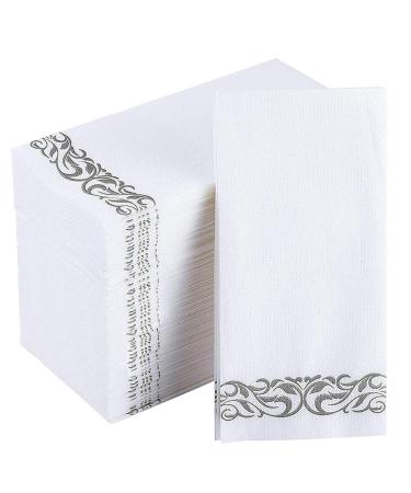 JOLLY CHEF 100 Disposable Hand Towels, Soft and Absorbent Line-Feel Dinner Napkin, Elegant Decorative Paper Guest Towels for Kitchen, Bathroom,Weddings,Parties, Silver and White 100 Silver