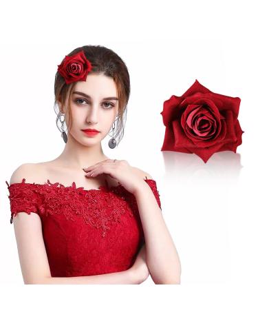 Vintage Rose Flower Hair Pin Red Flower Rose Hair Clip Fascinator Artificial Brooch Hairpins Large Rose Red Hair Clips Barrette for Women Girls Party Beach Wedding Bridesmaid Flower Girl Accessories
