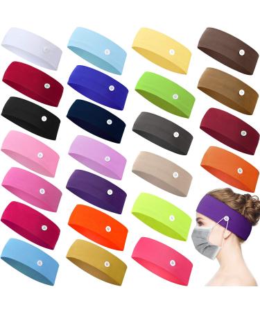 WILLBOND 24 Pieces Button Headband Non-slip Elastic Ear Protection Holder Headband Stretchy Yoga Sports Hairband Headwrap with Button for Men Women  Assorted 24 Colors