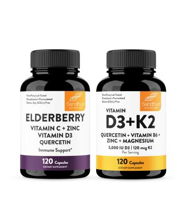 Sandhu's Elderberry & Vitamin D3 K2 with Quercetin Capsules (120 Count Each) | Supports Immune Muscle Health & Energy