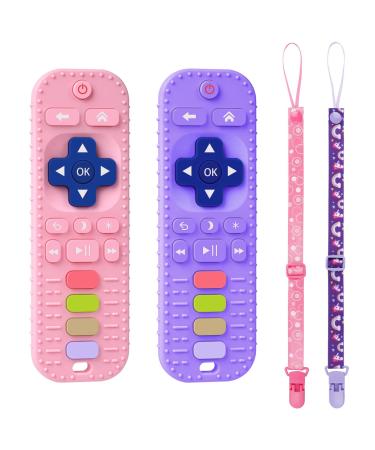 Aolso Silicone Baby Teething Toys  2PCS Remote Control Shape Teething Toys Teething Toys with 2PCS Pacifier Clip Babies Chew Toys for BPA Free 3 Months+ Baby Teethers Soothe Toys(Pink&Purple)