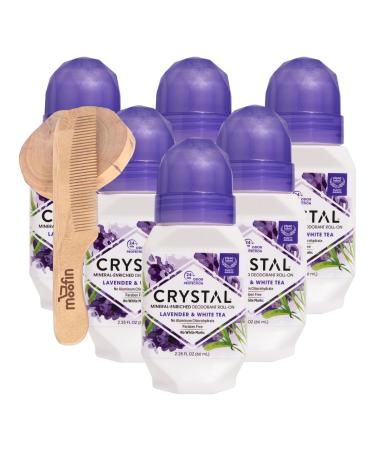 Crystal Essence Lavender White Tea Deodorant Aluminum Free Antiperspirant Deodorant For Women 24-Hour Protection Soothing Fragrance Mineral-Enriched No White Marks With Moofin Wooden Comb 6-Pack