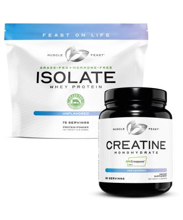 Muscle Feast Bundle - Creatine Powder (Unflavored 2lb) & 1 Whey Protein Isolate (Unflavored 5lb) | Premium Supplements Vegetarian Gluten Free