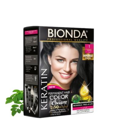 BIONDA Professional permanent hair color Color Cream 1 black 200ml double pack keratin & moringa care longlasting intense color with shine 100 gray hair coverage