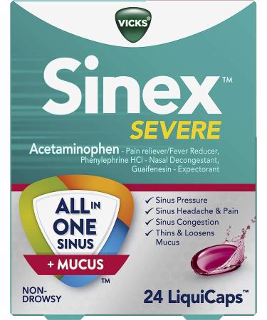Vicks Sinex SEVERE All-In-One Sinus + Mucus Relief Non-Drowsy Loosens Mucus Maximum Strength Relief of Pain Pressure Congestion & Headache Relief 24 LiquiCaps All-in-One Mucus - Buy Online on GoSupps.com