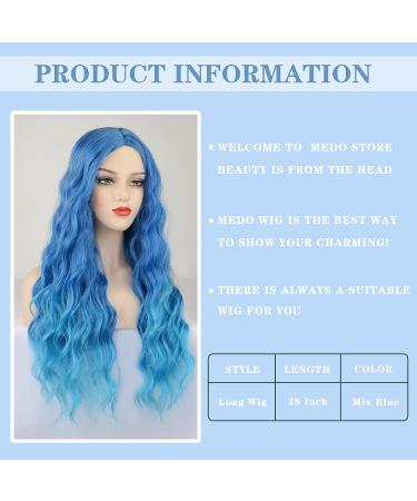 Medo Blue 28 Inch Long Wavy Ombre Water Wave Wig for Women - Heat Resistant Synthetic Hair - Colorful Party Daily Wig - Buy Online on GoSupps.com
