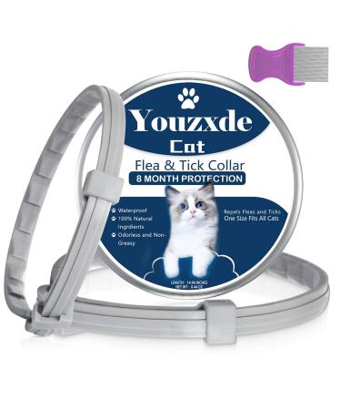 Flea and Tick Collar for Cats,8-Month Tick and Flea Control for Cats,Adjustable Design-One Size Fits All,Safe & Allergy Free, Waterproof, with Flea Comb,2 Pack
