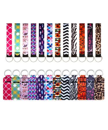 PUEZOKLY 24 pieces Lip Balm/Chapstick Holder Keychain 12 pcs Wristlet Lanyards 12 pieces Neoprene Lipstick Protective Cases Cover Portable Balm Holders for Girls Women (fashion style)