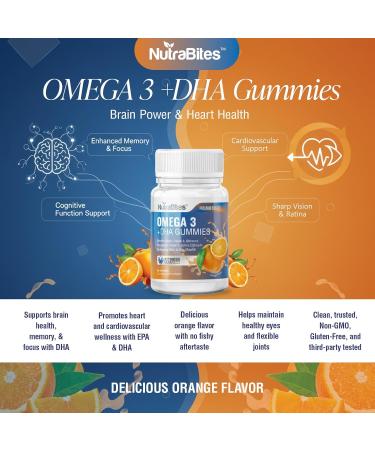NutraBites Omega 3 + DHA Gummies - Brain & Heart Support with Fish Oil - Enhances Memory Focus & Eye Health - Delicious Orange Flavor with No Fishy Taste - Non-GMO & Gluten-Free - 60 Count - Buy Online on GoSupps.com