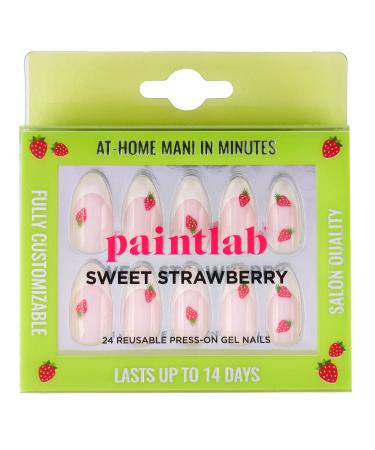 PaintLab Almond Press On Nails Medium Length - 24 Piece Fake Nails Plus Nail Glue  Nail File  Prep Pad and Cuticle Stick - Gel Press On Nail Kit - Easy Application with Strong Hold  Sweet Strawberry 04 Sweet Strawberry
