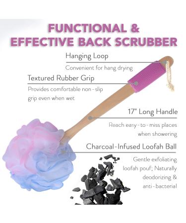 Loofah Back Scrubber - Bamboo Charcoal Fiber Bath Sponge Set for Men & Women - Includes Handle & Hook - Pink - Buy Online on GoSupps.com