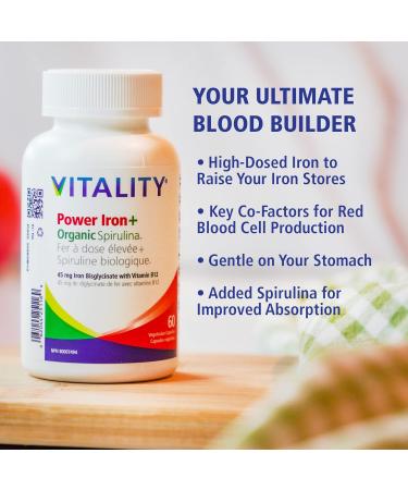VITALITY Power Iron Organic Spirulina Boosts Energy with Iron Bisglycinate Vitamin B12 Build Blood Boost Energy 60 Capsules - Buy Online on GoSupps.com