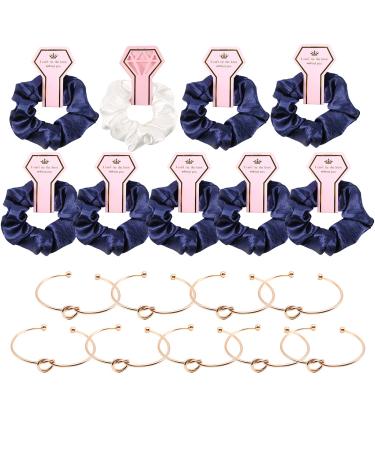 Set of 18 Bridesmaid Proposal Gifts Set Include 1 White & 8 Navy Blue Hair Ties Large Satin Hair Scrunchies 9 Rose Gold Knot Bracelet Bachelorette Party Favors Wedding Bridal Shower Gifts Set (Navy Blue)