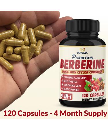 BMVINVOL 6in1 Berberine Supplement with Ceylon Cinnamon Tumeric Root Milk Thistle Artichoke Black Pepper -120 Capsules for 4 Month Supply - Buy Online on GoSupps.com