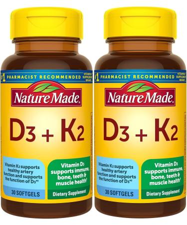 Nature Made Vitamin D3 K2 5000 IU (125 mcg) Vitamin D Dietary Supplement for Bone Teeth Muscle and Immune Health Support 30 Softgels 30 Day Supply - Pack of 2