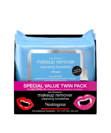 Neutrogena Makeup Remover Cleansing Face Wipes, Daily Cleansing Facial Towelettes to Remove Waterproof Makeup and Mascara, Alcohol-Free, Value Twin Pack, 25 Count, 2 Pack Halloween - Original 25ct (Pack of 2)