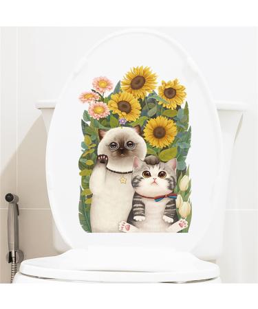 Sunflower and Super Cute Cat Bathroom Toilet Seat Lid Cover Decals Stickers PVC Sticker Removable Self-Adhesive Restroom Decor Art Decoration (Sunflower and Super Cute Cat)