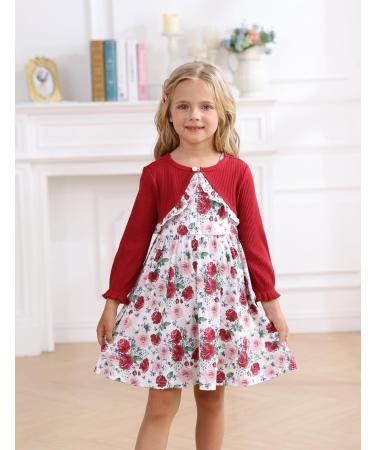 Puseky Toddler Girl 2-Piece Floral Dress & Ribbed Cardigan Set, 5-6 Years, Wine Red - Buy Online on GoSupps.com