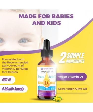 POLYVIT D Baby Vitamin D Drops Vegan D3 Supplement Growth & Development of Bones & Teeth Immune System Support Easy Calcium Absorption For Infants Toddlers Kids 400 IU per Drop 4 Month Supply - Buy Online on GoSupps.com
