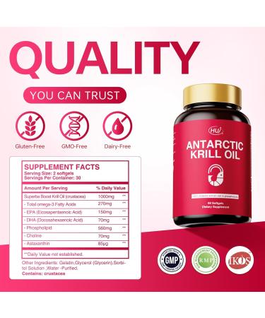 HUJ Antarctic Krill Oil 1000mg with Omega-3s EPA DHA Astaxanthin Phospholipids and Choline - Sustainably Sourced - 60 Softgels - Buy Online on GoSupps.com