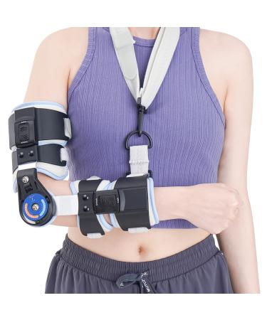 RISURRY Hinged Elbow Brace  Adjustable Post OP Elbow Brace with Shoulder Sling Stabilizer Splint Arm Injury Recovery Support After Surgery (Right Arm) Universal-Right