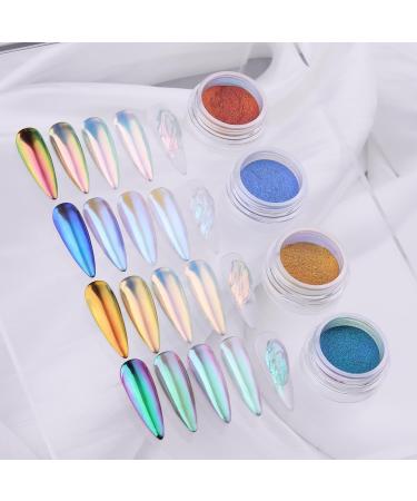 Chrome Nail Powder - 4 Colors Chameleon Mirror Effect with 3D Sculpting Gel | Iridescent Gold Pink Blue Nail Glitters for Stunning Nail Art - Buy Online on GoSupps.com