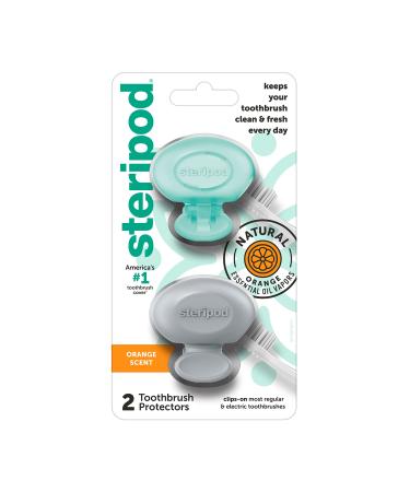 Steripod Clip-On Toothbrush Protector with Orange Essential Oils, Keeps Toothbrush Fresh and Clean, Fits Most Manual and Electric Toothbrushes,2 Count (Pack of 1) Teal,grey Essentail Oil - Orange