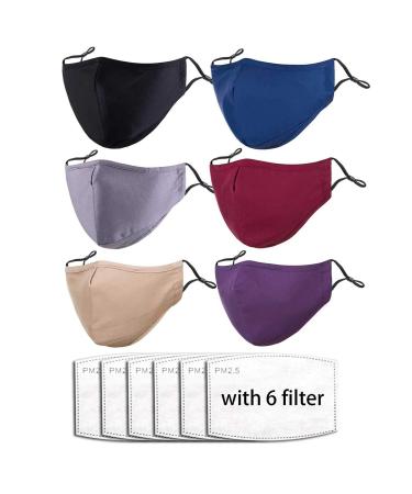 6-Pack-Unisex Cotton Cloth Fabric with Adjustable Ear Loops-Replacement Filters Mix-color