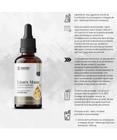 Lion's Mane - Hericium Erinaceus Extract 10: 1-30 ml Natural Drops - Functional Liquid Mushroom Extract: Promotes Brain Health - Alcohol Free - Insport Nutrition - Buy Online on GoSupps.com