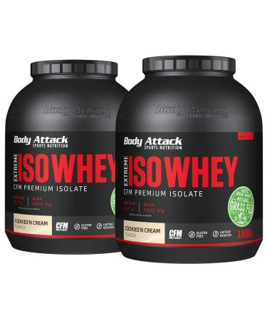 Body Attack Extreme ISO Whey Cookies N Cream 2x1.8 kg - CFM Whey protein isolate from 100% Irish pasture milk gluten -free rich in EAAS perfectly soluble low in fat without aspartame 90.6% isolate component biscuit & cream 1.8KG (2 pack)