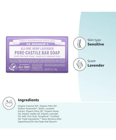 Dr Bronner's Lavender Pure-Castile Bar Soap Made with Organic Oils With No Synthetic Fragrances Preservatives or Thickeners For Face Body & Hair Fair Trade Certified & Vegan Friendly 140g Bar - Buy Online on GoSupps.com