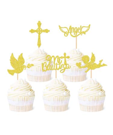 Ercadio 30 Pack Mi Bautizo Cupcake Toppers Gold Glitter Cross Angel Dove Cupcake Toppers Angel Religious God Bless Cupcake Picks for Baptism Theme Baby Shower Kids Birthday Party Supplies Z-b-angel-gold