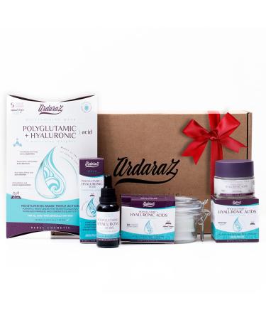 Skincare Anti-wrinkle Kit with Pure Hyaluronic Acid and Polyglutamic Acid. Original gift set for women with Exfoliating Discs Serum Cream 5 Masks