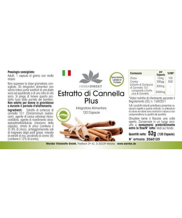 Cinnamon Extract - with 200 g Chromium and 10mg Zinc per Capsule - High Concentration - 120 Capsules | herba direkt - German Pharmacy Quality - Buy Online on GoSupps.com