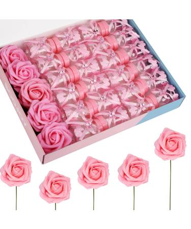 SOOJOY Girls Baby Shower Favors: 29 Pack 4 inch Bulk Cute Pink Small Candy Bottle with Roses for Newborn Baptism 0-3 Years Old Birthday Party Centerpiece DIY Decor Supply Guest Favor Gifts (Pink)