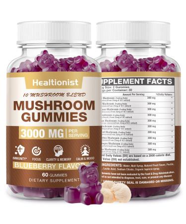 3000MG Mushroom Complex Gummies 10 Blend - Lion's Mane Gummies for Adults Cordyceps Shiitake Reishi Chaga - Brain Immune Support & Stress Relief Energy Mushroom Supplement for Men & Women 60ct 60 Count (Pack of 1)