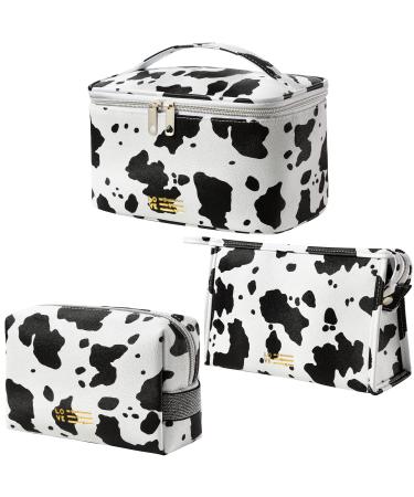 MIRASON Cosmetic Bag Set of 3 Makeup Bag for Purse Pouch Travel Beauty Zipper Organizer Bag Gifts for Girl Women, PU Leather Washable Waterproof (Cow Print)