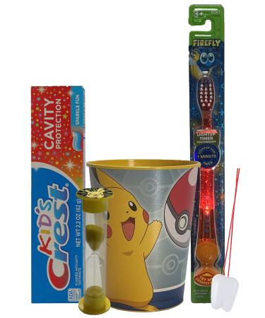 Pikachu 4pc Bright Smile Oral Hygiene Bundle! Light Up Toothbrush  Toothpaste  Brushing Timer  Mouthwash Rise Cup & Stickers.! Plus Dental Gift Bag &Remember to Brush Visual Aid!