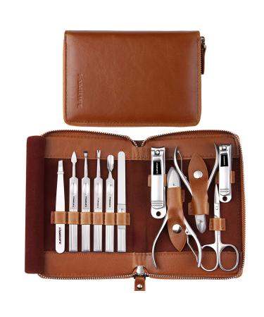 Manicure Set, FAMILIFE Professional Manicure Kit Nail Clippers Set 11 in 1 Stainless Steel Pedicure Tools Kit Nail Kit Men Grooming Kit with Portable Brown Leather Travel Case Luxury Gifts for Him Popular Brown