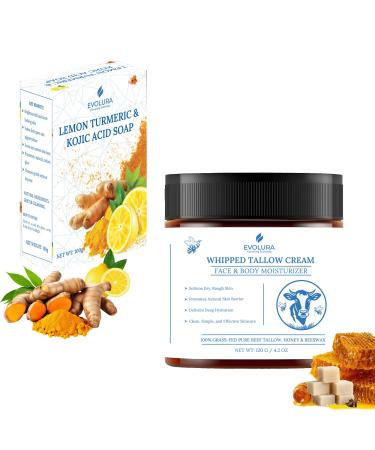 EVOLURA Kojic Acid Turmeric Soap Bar & Beef Tallow Honey Balm Cream Set Brightening Face & Body Wash Dark Spot Remover with Shea Butter Retinol Organic Grass-Fed Moisturizer for Dry Skin