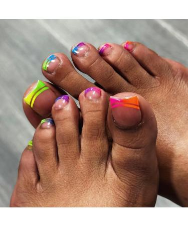 Neon Press on Toenails - Short Square Glue-On Gradient Rainbow French Tips | Summer Beach Fake Toenails for Women - Buy Online on GoSupps.com