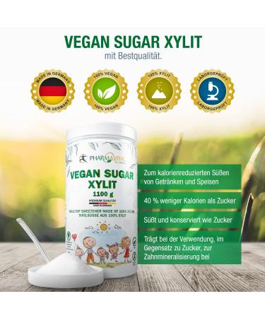 Pharmavital Vegan Xylit - 100% Xylitol Sugar Substitute | Calorie-Reduced Sugar-Free Tooth-Friendly Sweetener from Germany - Buy Online on GoSupps.com