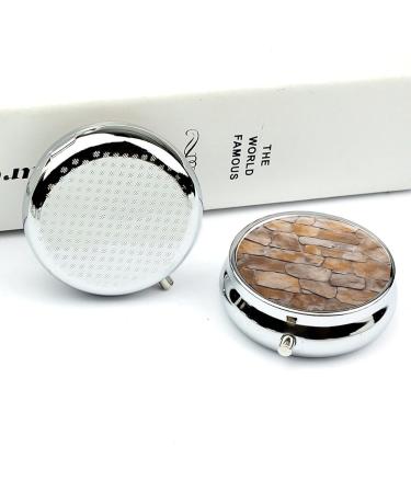 Round Pill Box Wall Texture Print | 3 Compartment Decorative Metal Pill Organizer | Portable Pocket Pill Case for Medicine - Buy Online on GoSupps.com