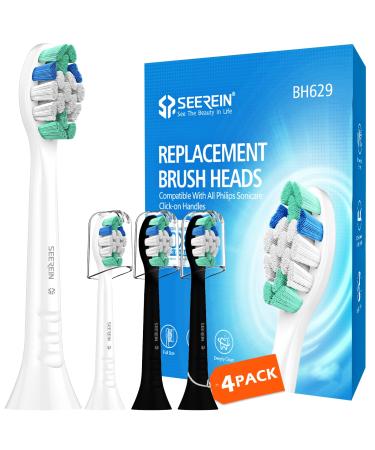 Toothbrush Head Compatible with Philips Sonicare Replacement Heads C2 C1 G2 W W2 4100 6100 Gum Health DiamondClean Fit Phillips Sonicare Replacement Brush Head White/Black 4 Pack