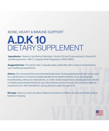 VITAJAX ADK 10 - Vitamin ADK Supplement 180 Capsules - High Potency Vitamin A D3(10 000 IU) K2 as MK-7 for Bone Heart & Calcium Absorption Non-GMO Gluten Free (6 Month Supply) 2 Pack - Buy Online on GoSupps.com