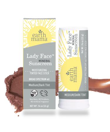 Earth Mama Lady Face® Tinted Mineral Sunscreen Stick, SPF 40 Medium/Dark Tint | Contains Organic Shea & Cocoa Butter | Foundation + Concealer + Contour, Blends with Most Skin Tones