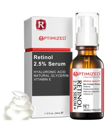 Retinol Serum 2.5% with Hyaluronic Acid Glycerin Vitamin E - Reduce Wrinkles Fine Lines Even Skin Tone Sun Spots Age Spots - Boost Collagen Production 1 fl oz - OPTIMIZED LAB Guaranteed